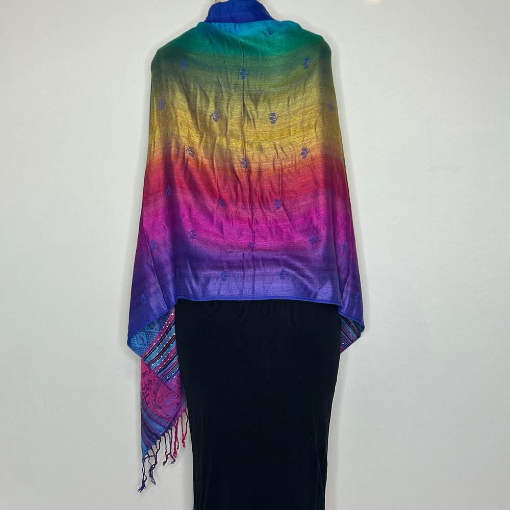 Vintage Rainbow Pashmina Style Shawl Wrap Scarf Paisley Fringe Boho 27x68